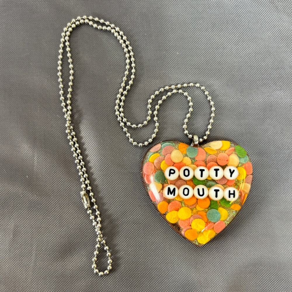 Resin Heart Potty Mouth Necklace Handmade Confetti Stainless Steel Ball Chain
